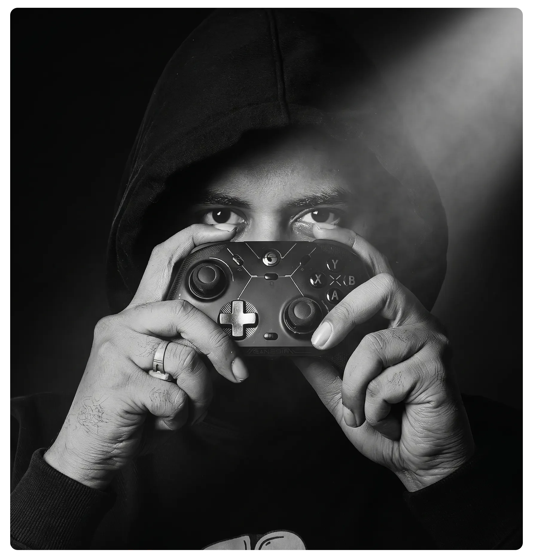 Arkade Knight, masked, in the studio